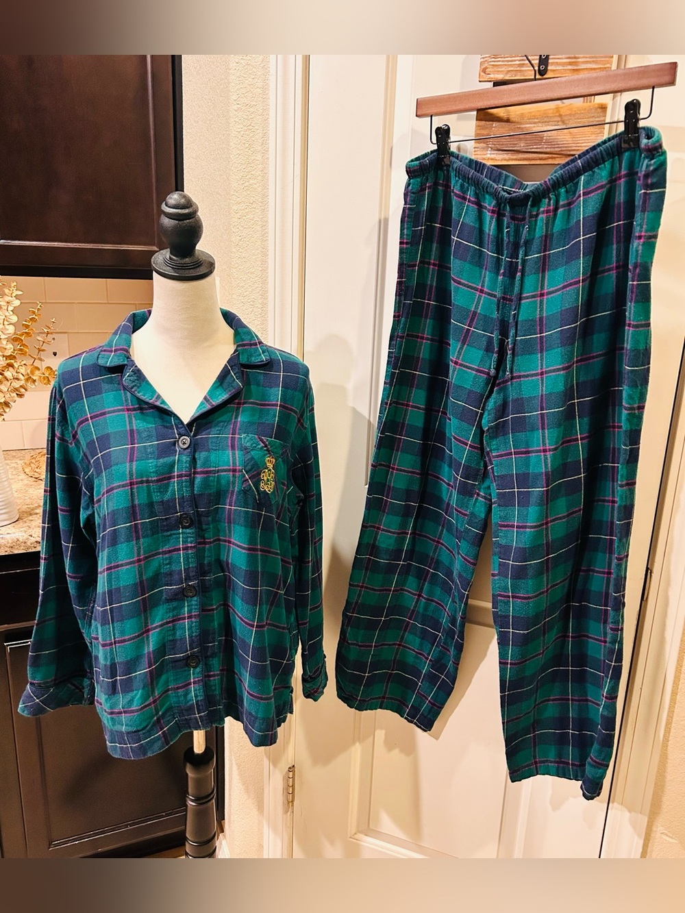 Ralph Lauren Women’s Green Purple Navy Plaid Flannel Pajama Set Monogram
